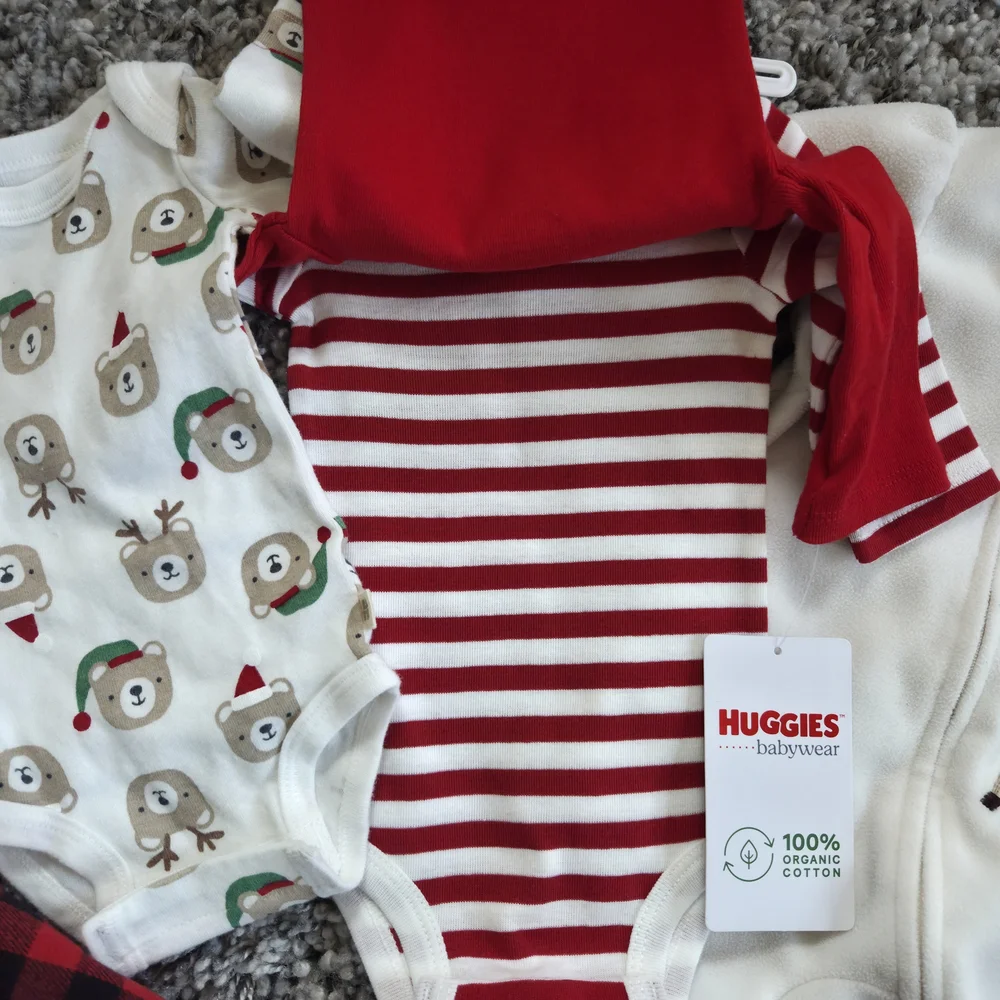 Holiday 1st Christmas Outfit Bundle Reindeer Bodysuit Set - Red and Cream
